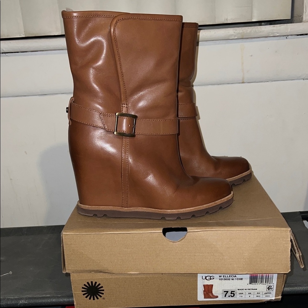 UGG Women's Tan Leather Wedge Boots